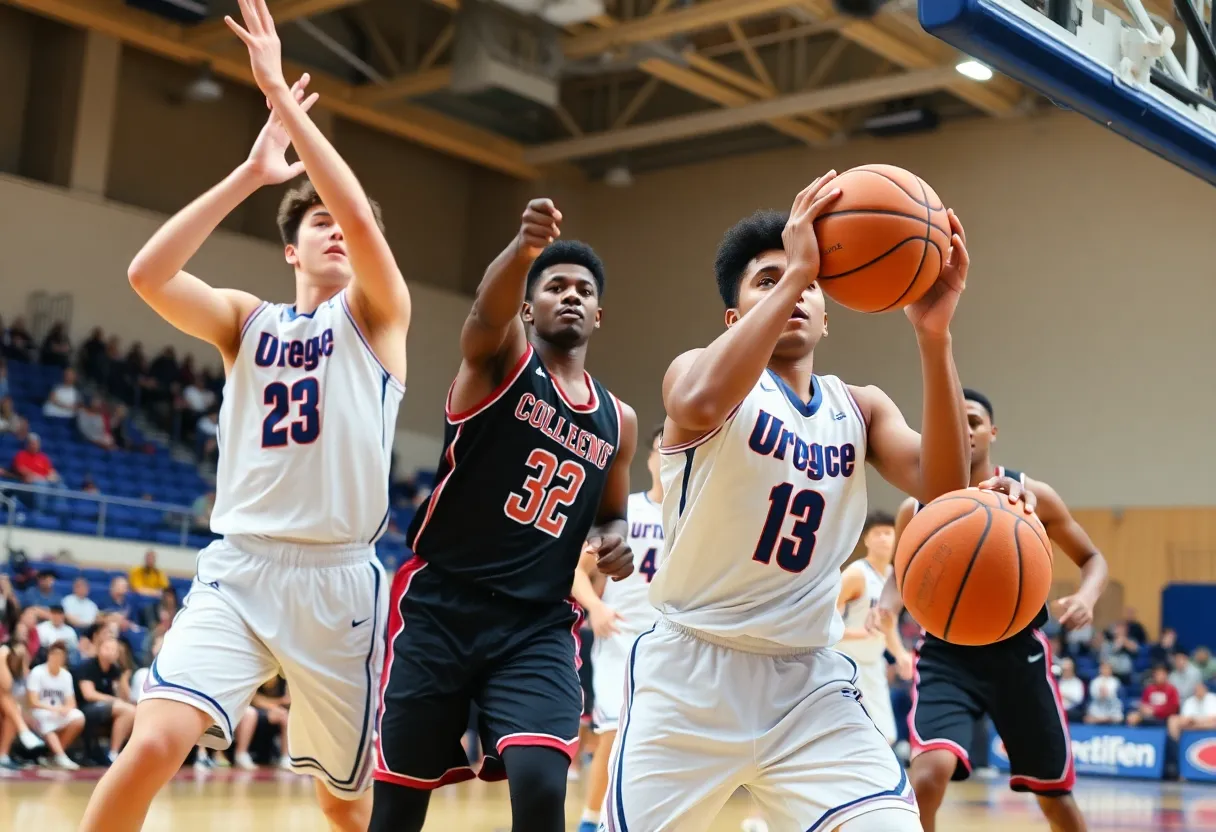Players in action during a college basketball game at Augusta University