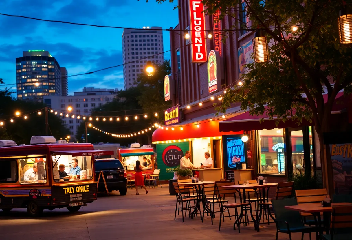 A bustling late-night dining scene in Austin with food trucks and outdoor dining.