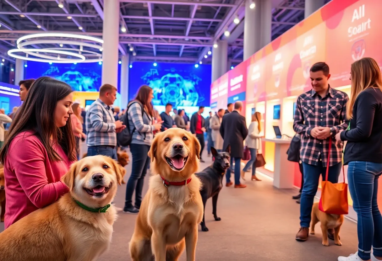 Community gathering for pet adoption with dogs and technology displays in Austin.