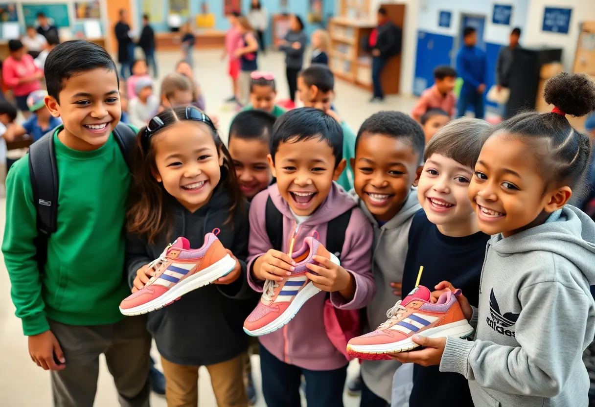 Students at Northeast Early College High School receiving donated athletic footwear