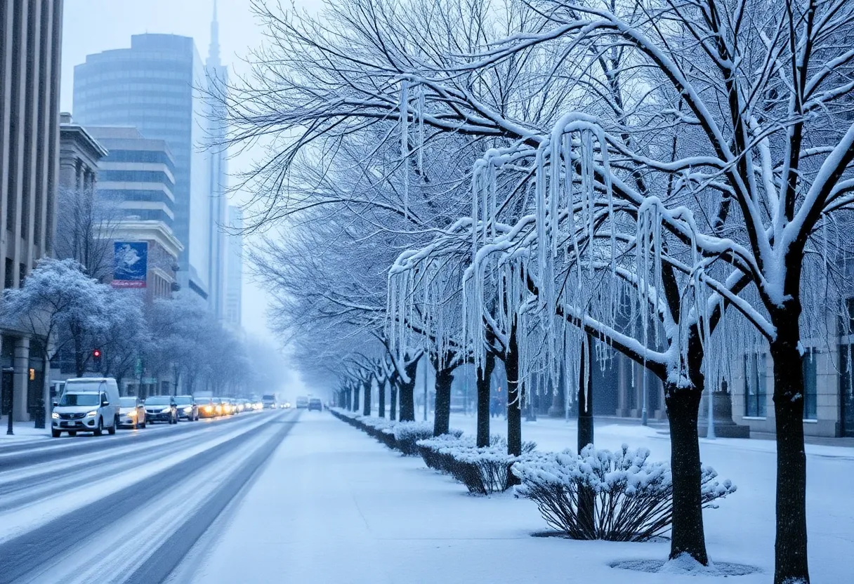 A snow-covered street in Austin during a winter storm.
