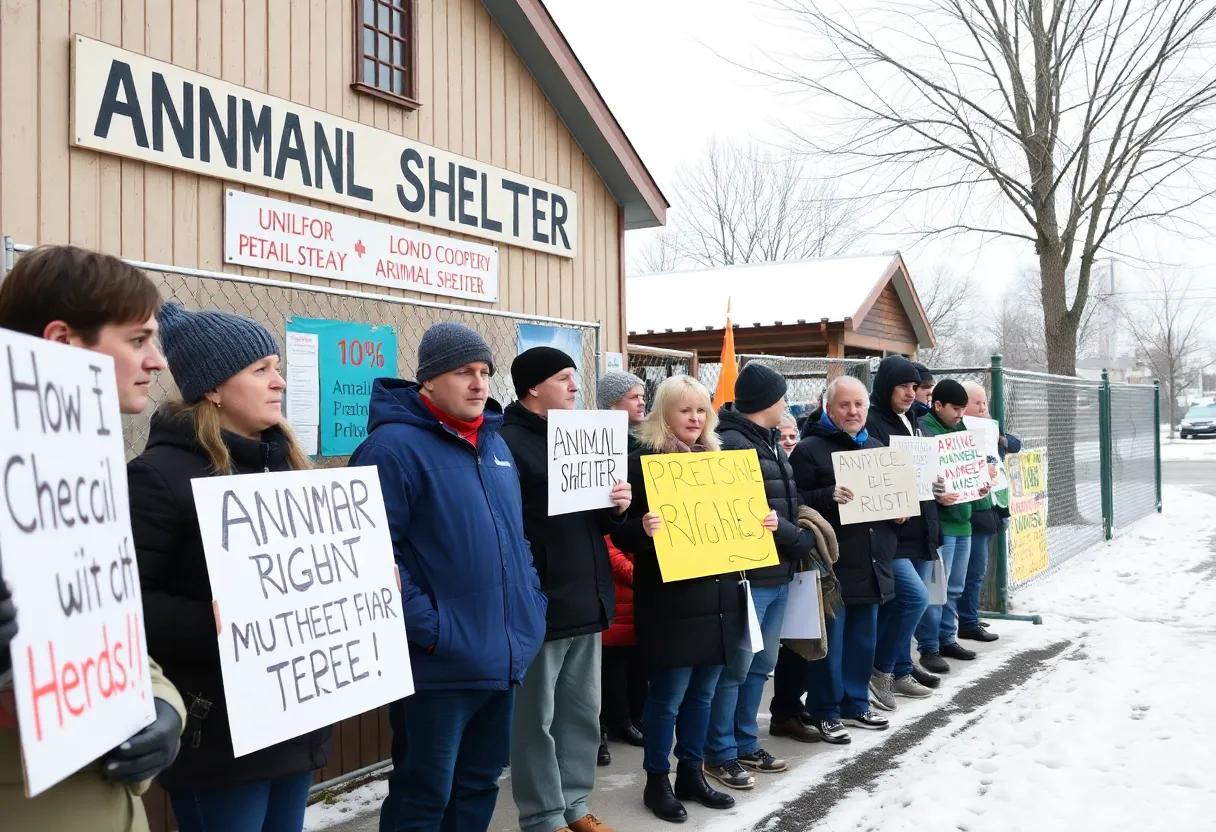 Community members protesting for animal rights outside a shelter