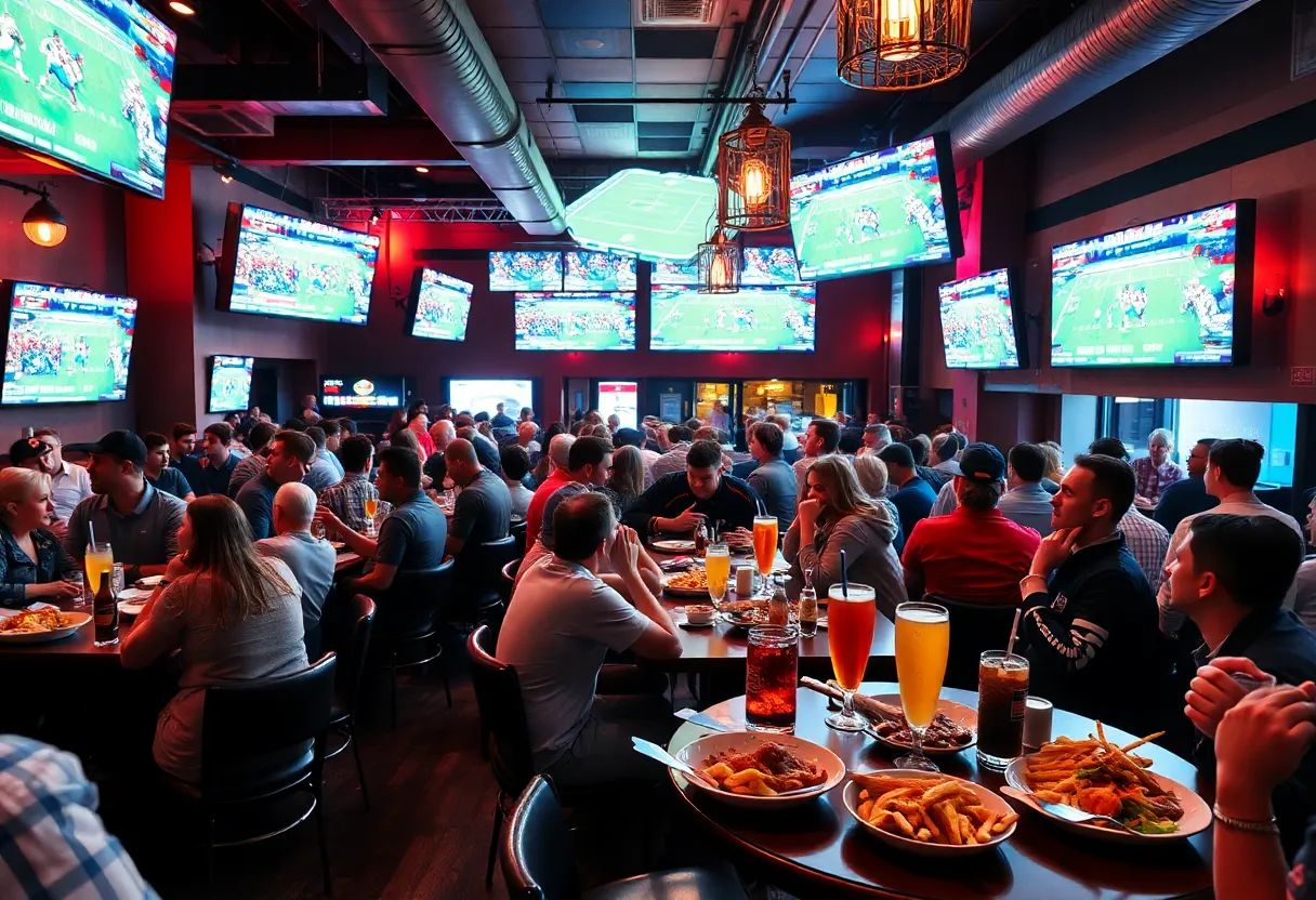 A lively sports bar with fans watching the game