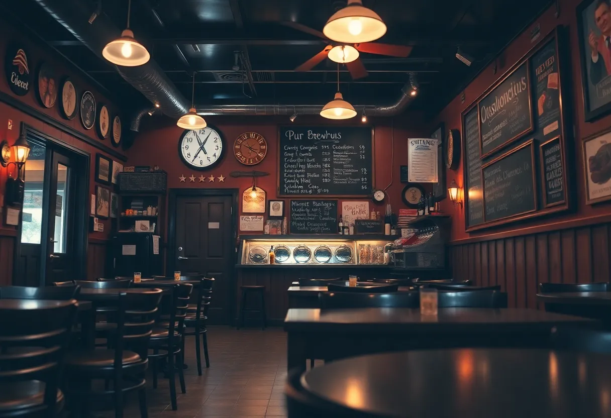 Interior view of Black Star Co-op Pub and Brewery showcasing a welcoming atmosphere with empty tables.