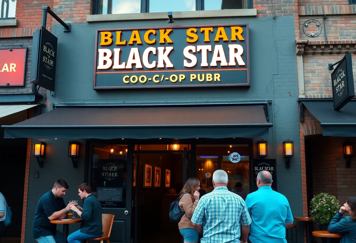 Exterior of Black Star Co-op Pub with patrons outside