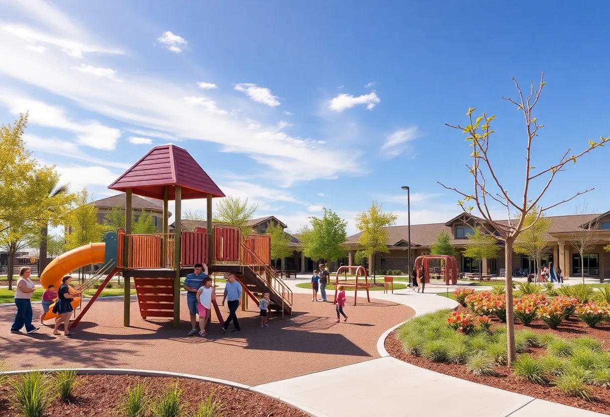 Scene of Bell Park in Cedar Park with families and play structures.