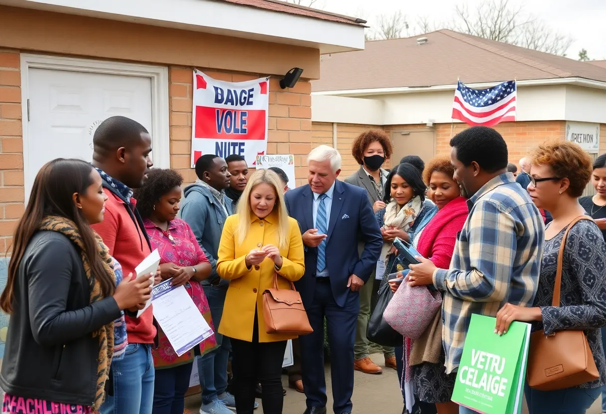 Community members engaging in an election setting with campaign materials.