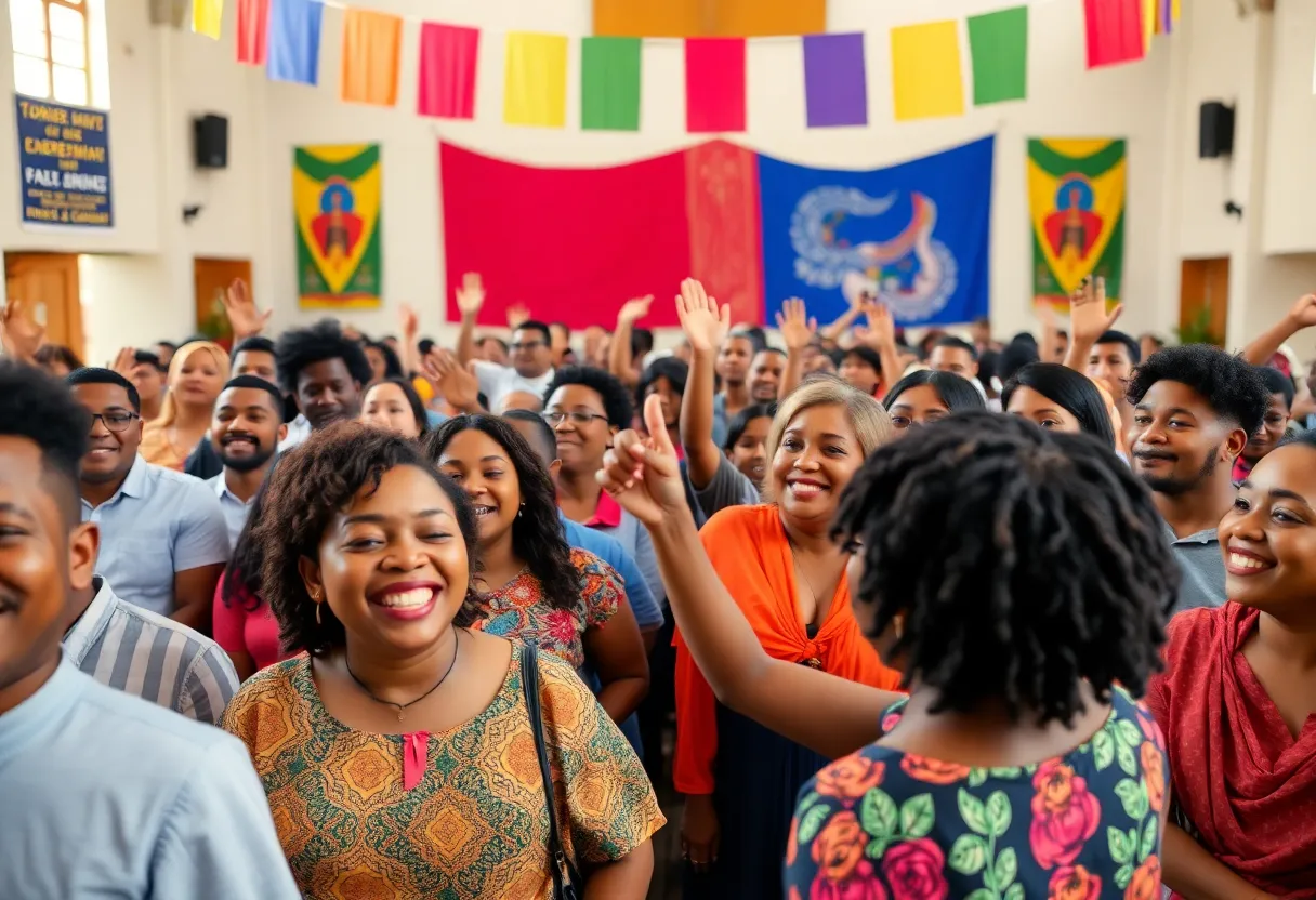 Church congregation celebrating with cultural decorations