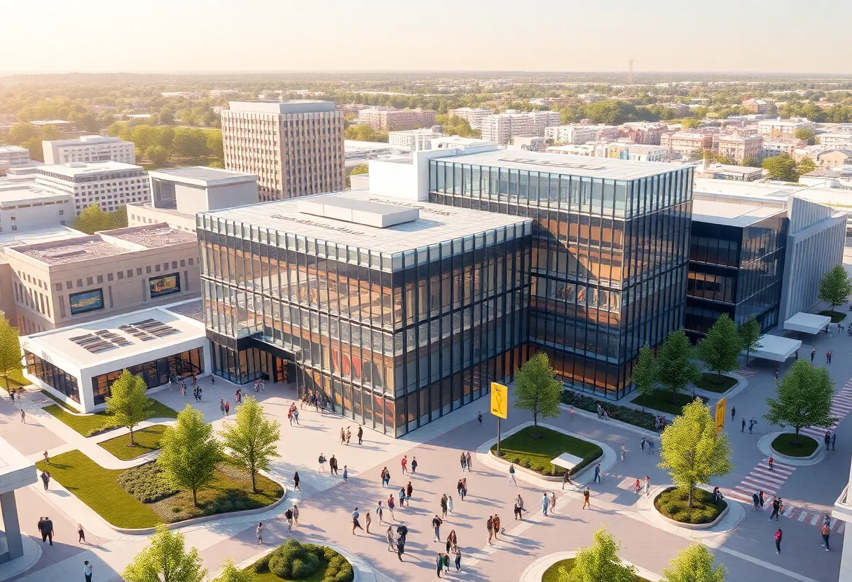 An illustration of the Downtown East project in Pflugerville featuring the new City Hall and recreation center.