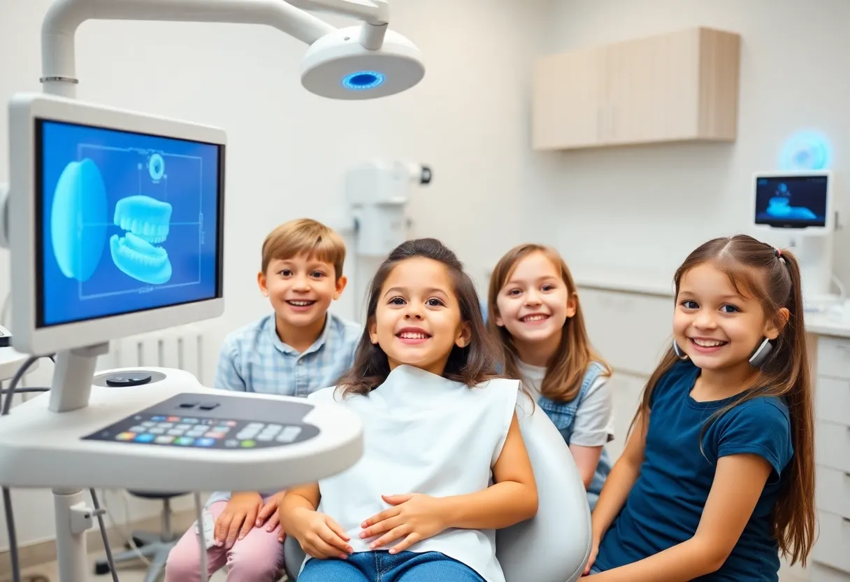 Children receiving orthodontic care in a modern dental clinic.