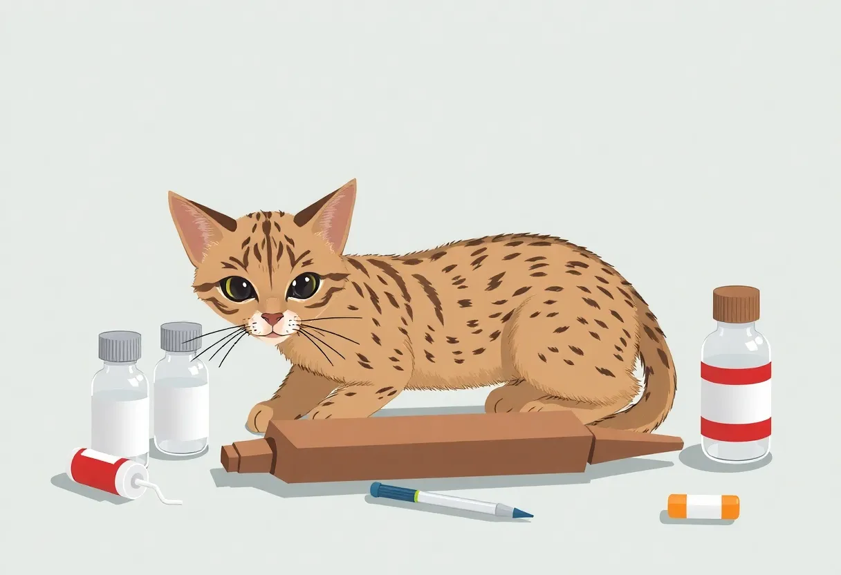 Illustration of a feline drug smuggling operation showing disguised products and vials.
