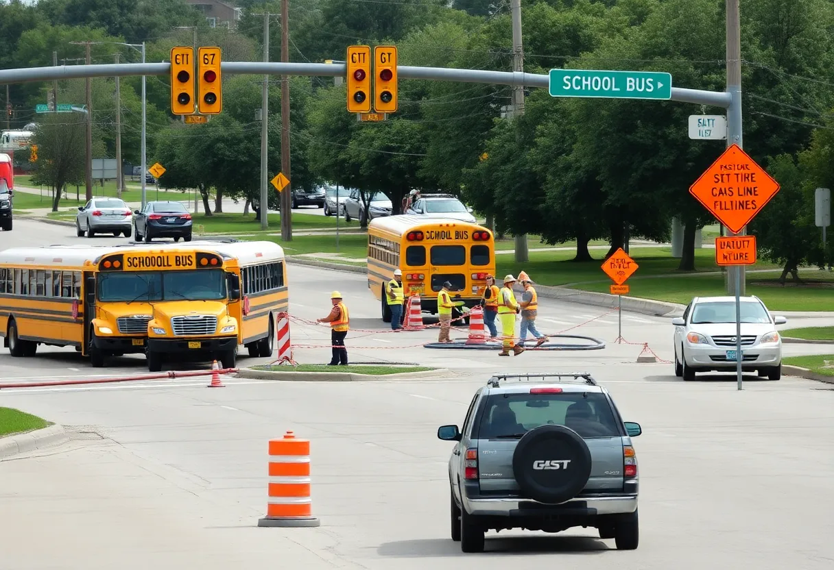 Construction crews repairing a gas line at a busy intersection in Leander, Texas.