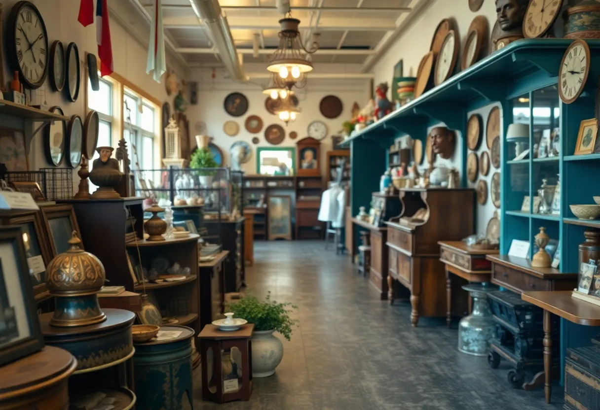 A variety of vintage collectibles displayed inside Georgetown Antique Mall.