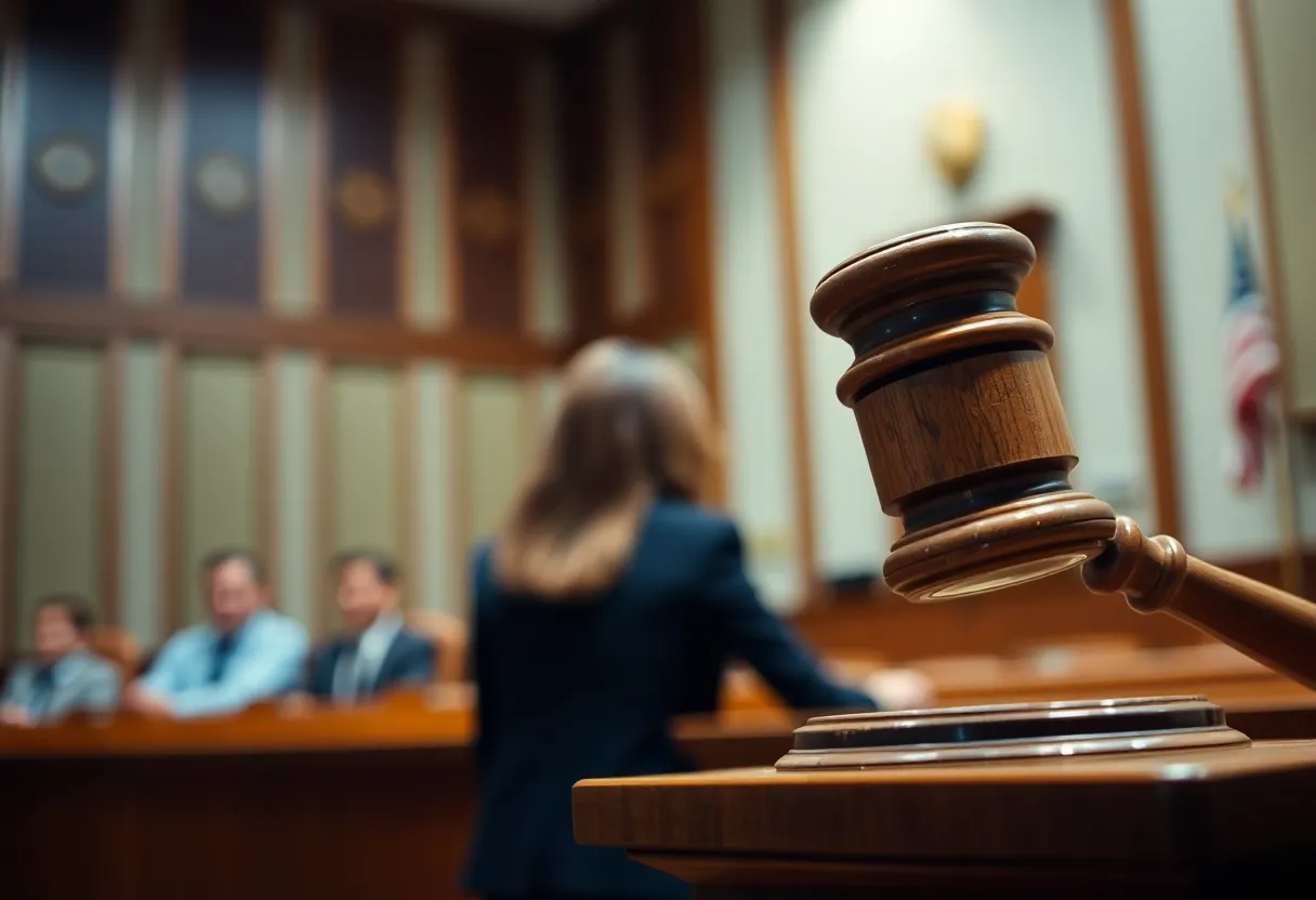 Courtroom scene with gavel symbolizing legal sentencing.