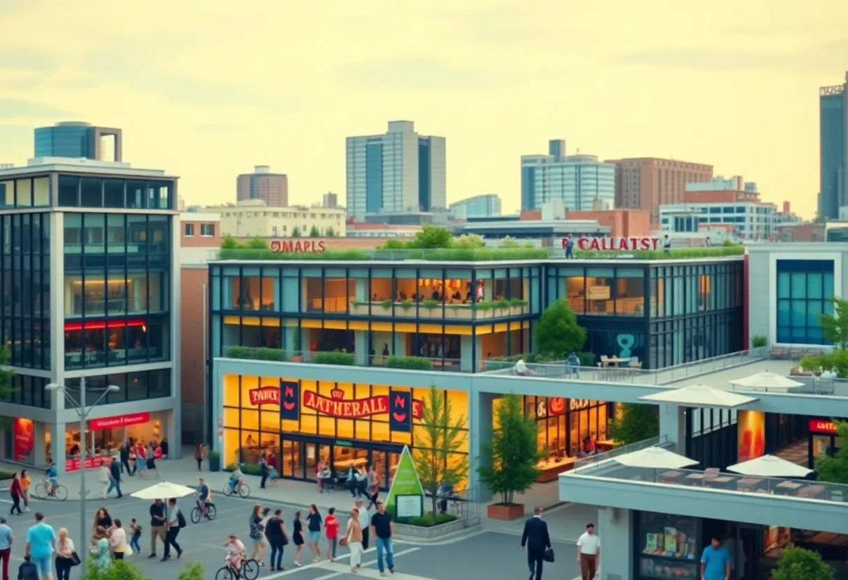 A new mixed-use development in Georgetown showcasing offices, retail spaces, and a rooftop bar