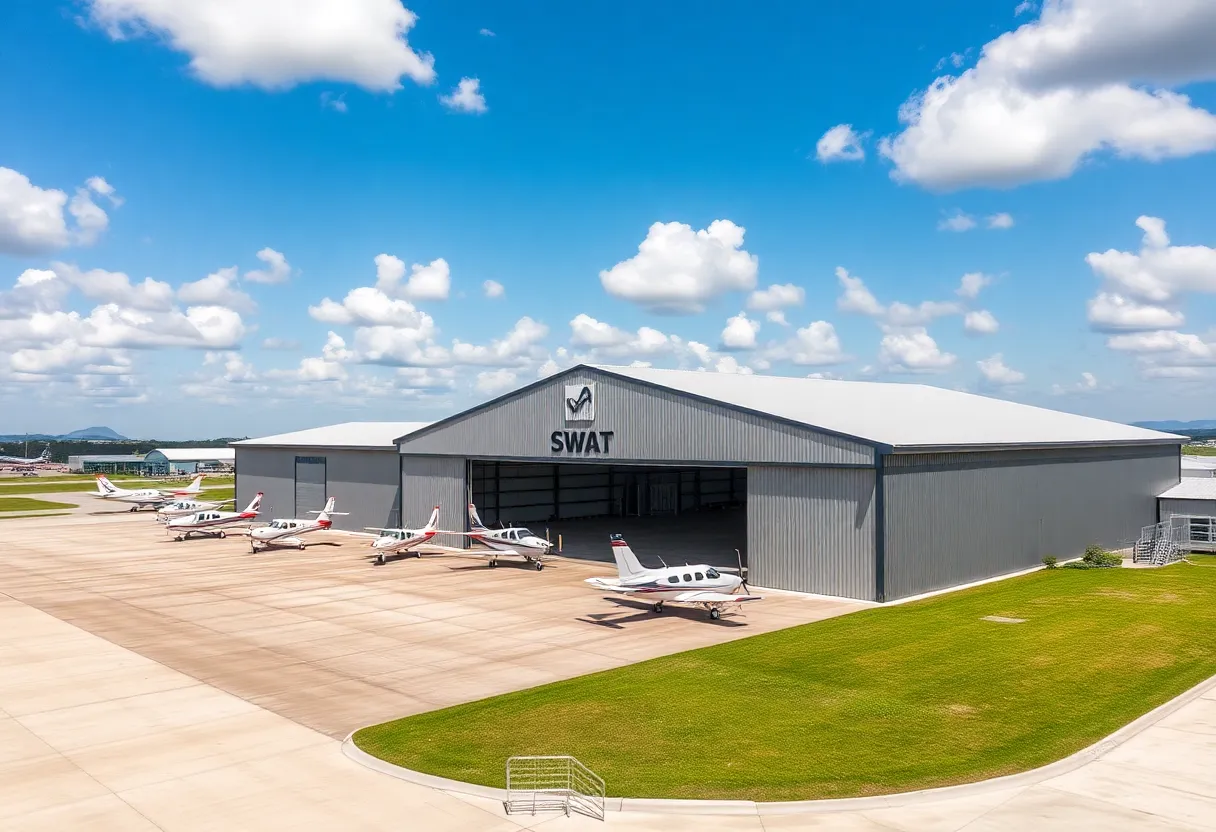 Georgetown Executive Airport with lush surroundings and parked aircraft during a sunny day.