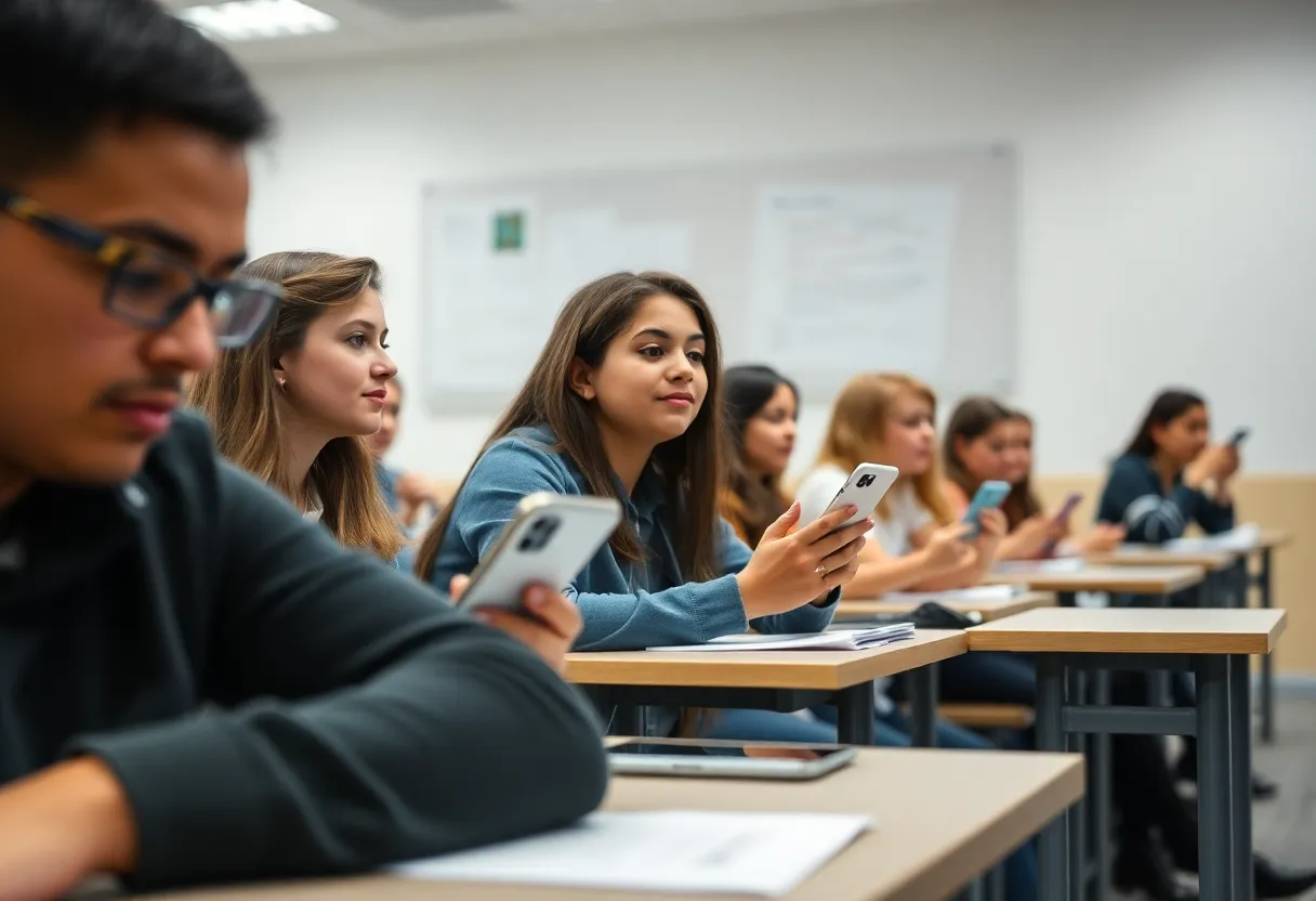 Students in a classroom focused on learning without cell phones