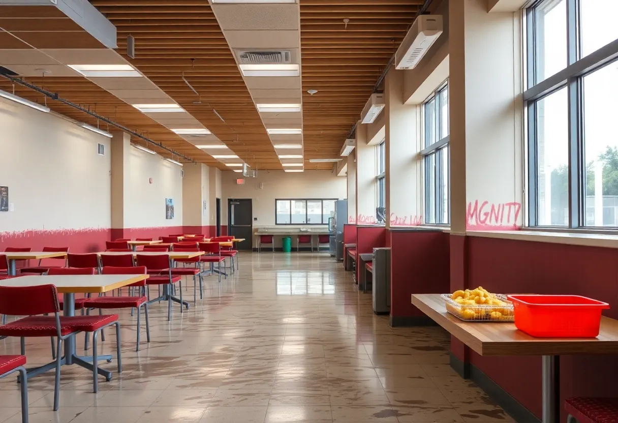 Dirty dining hall tables and food prep areas in a university setting