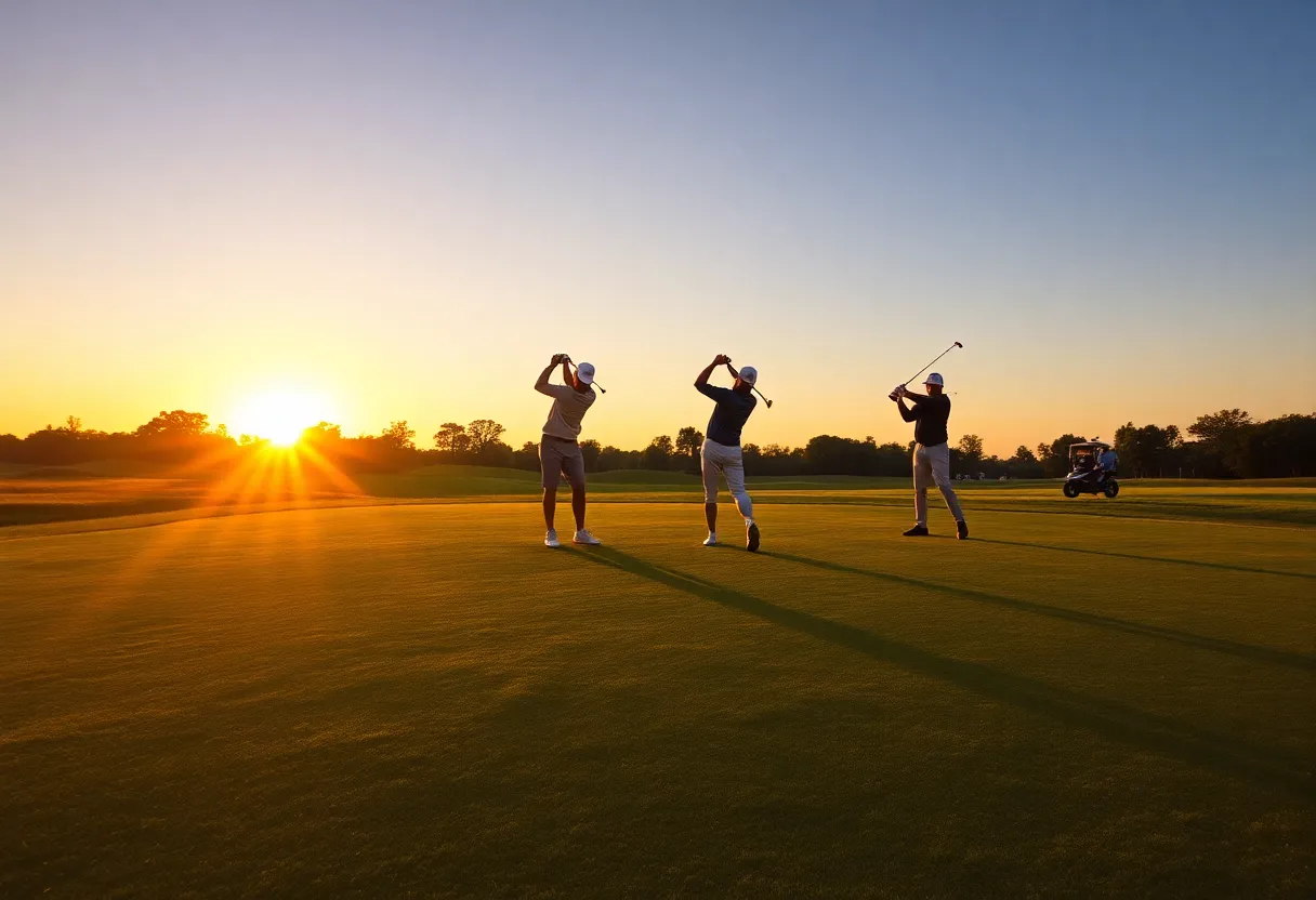 Golf course with golfers practicing at sunset