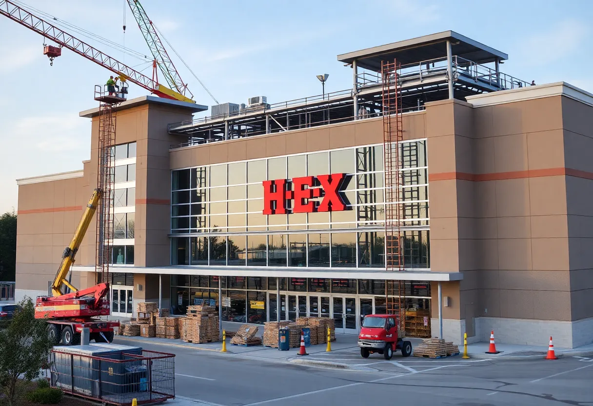 Under construction H-E-B store in Georgetown with cranes