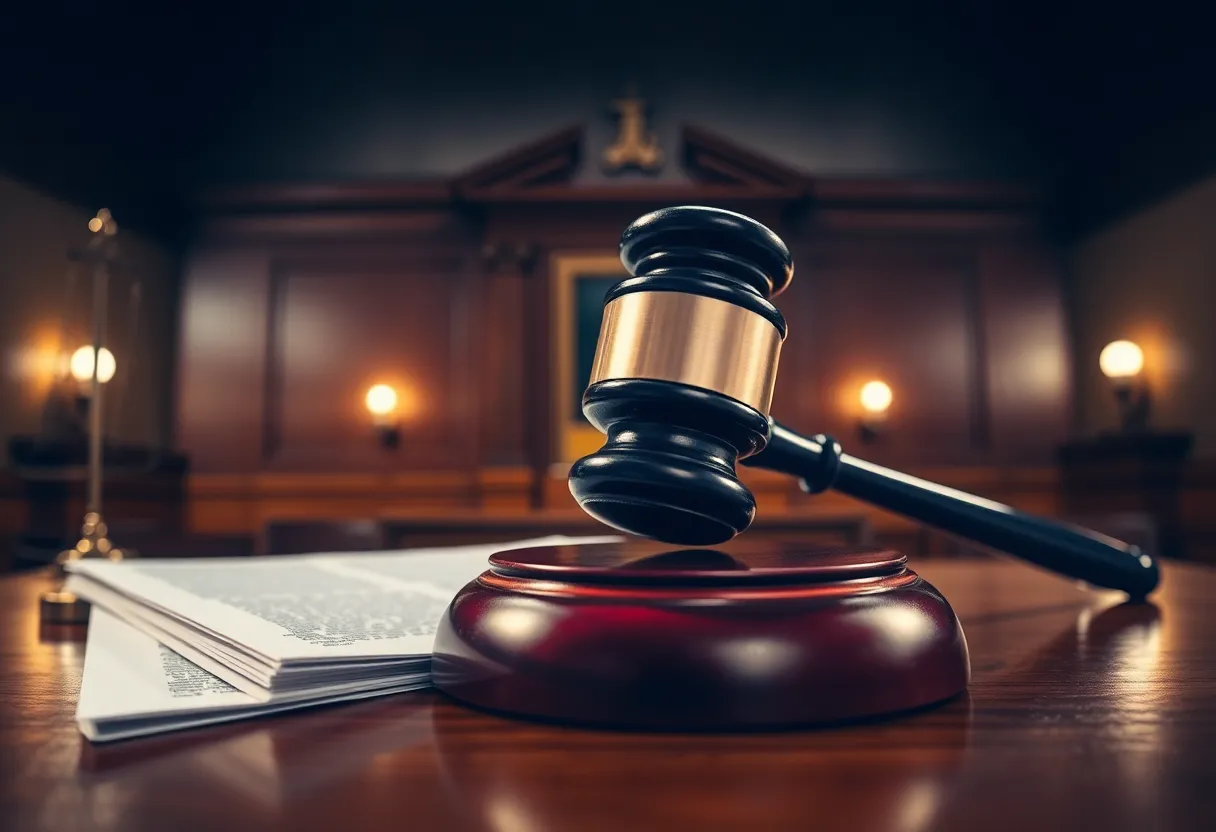 Courtroom with gavel and legal documents