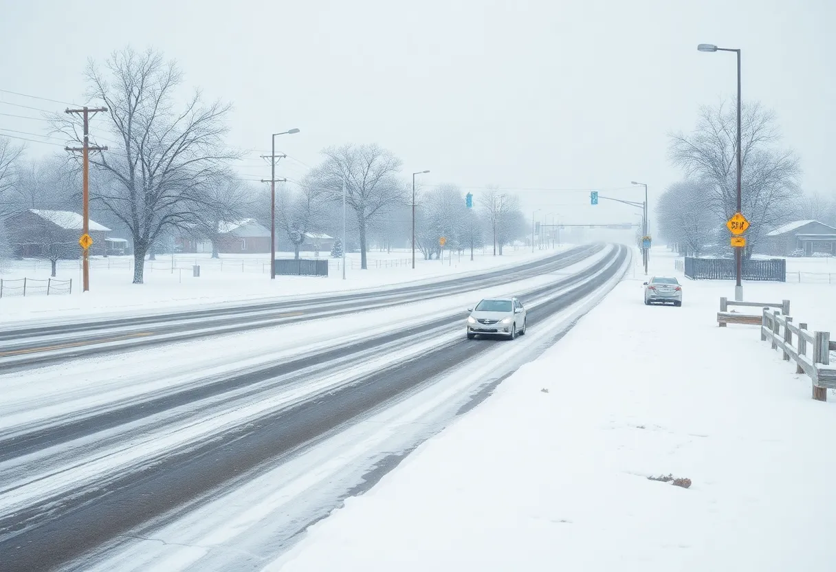 Icy roads in Lago Vista covered with snow during winter storm