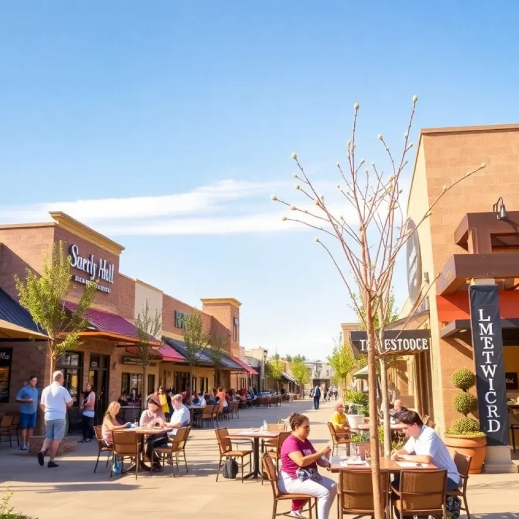 A bustling street in Liberty Hill showcasing new businesses and happy customers.