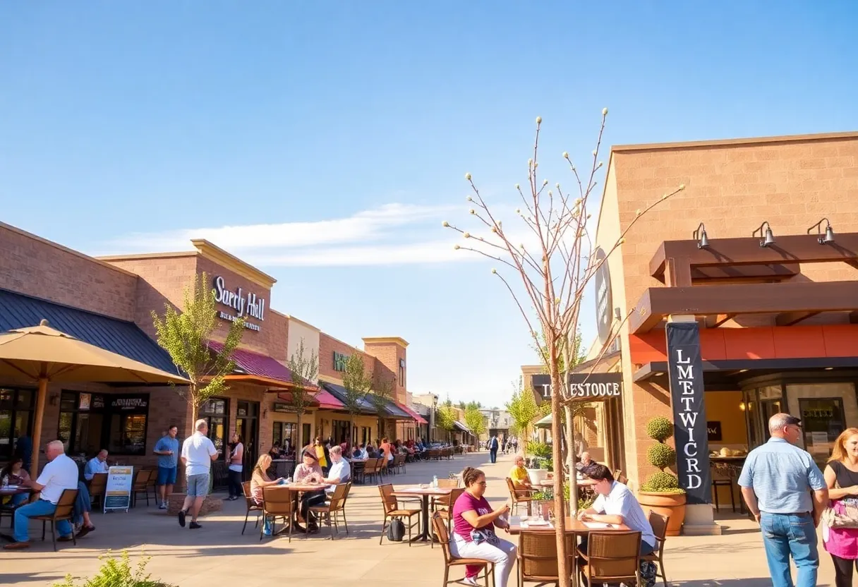 A bustling street in Liberty Hill showcasing new businesses and happy customers.