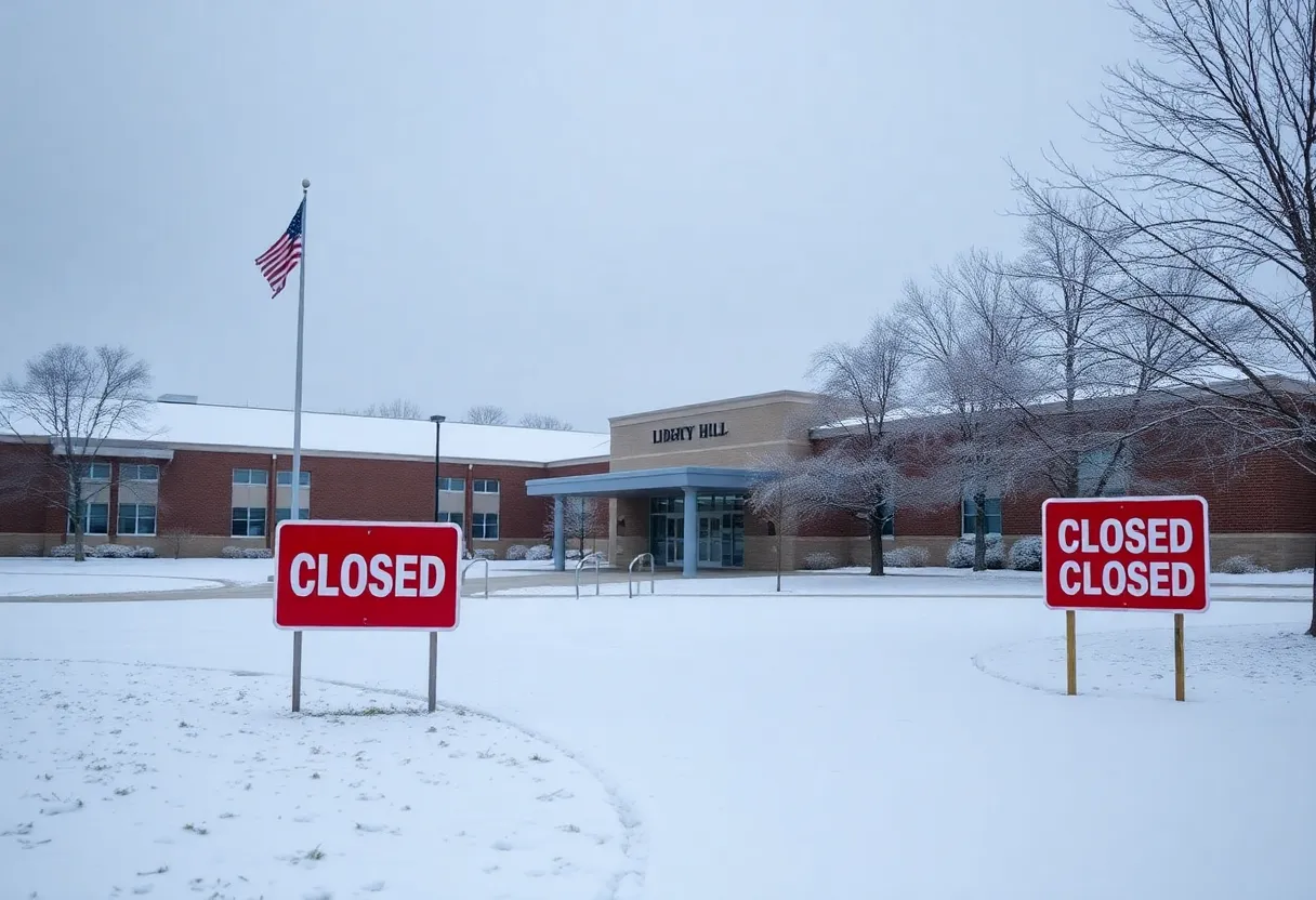 Winter scene of Liberty Hill ISD closed due to snow