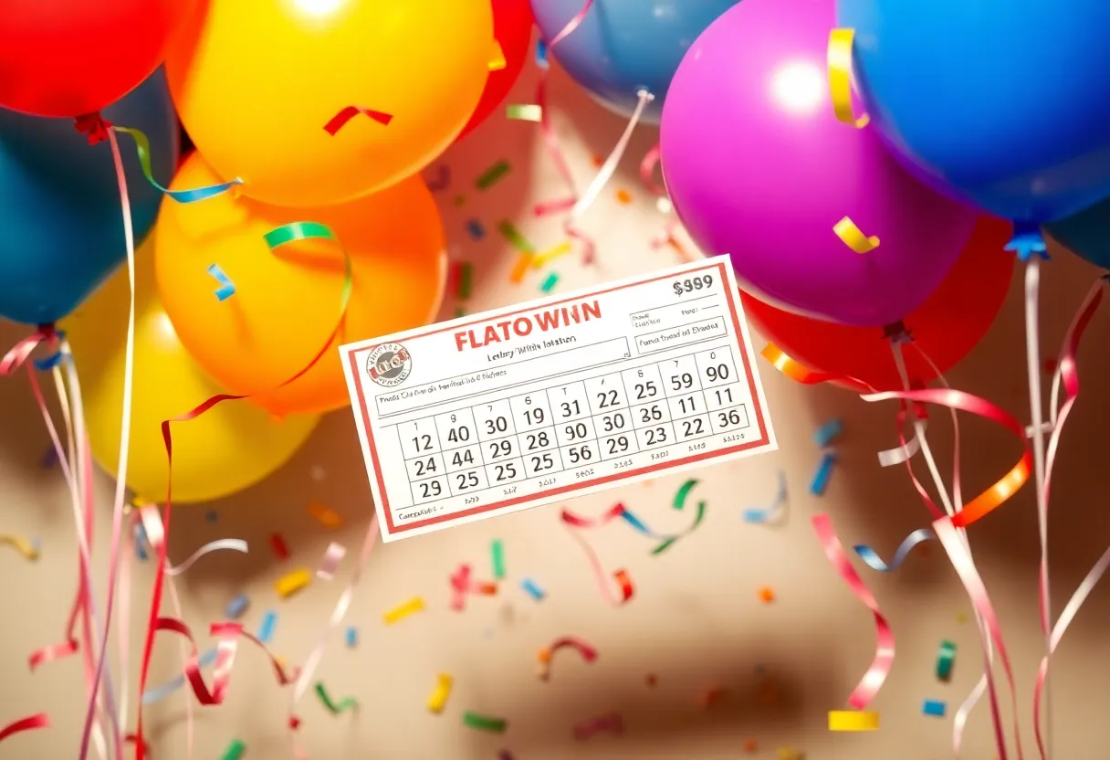 Colorful celebration for a lottery win with balloons and confetti