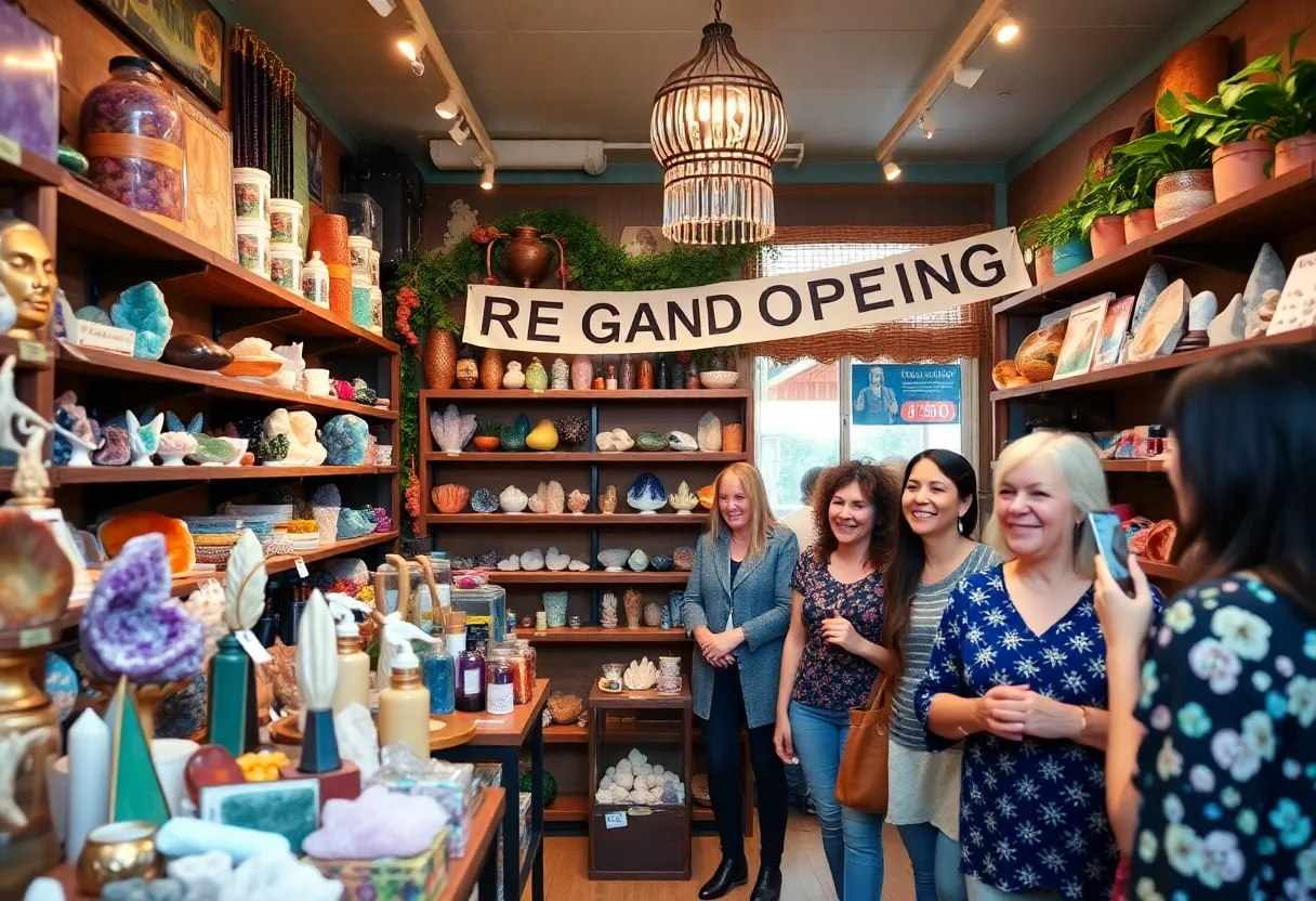 Interior of Nature's Treasures showcasing crystals and holistic products during the re-grand opening.