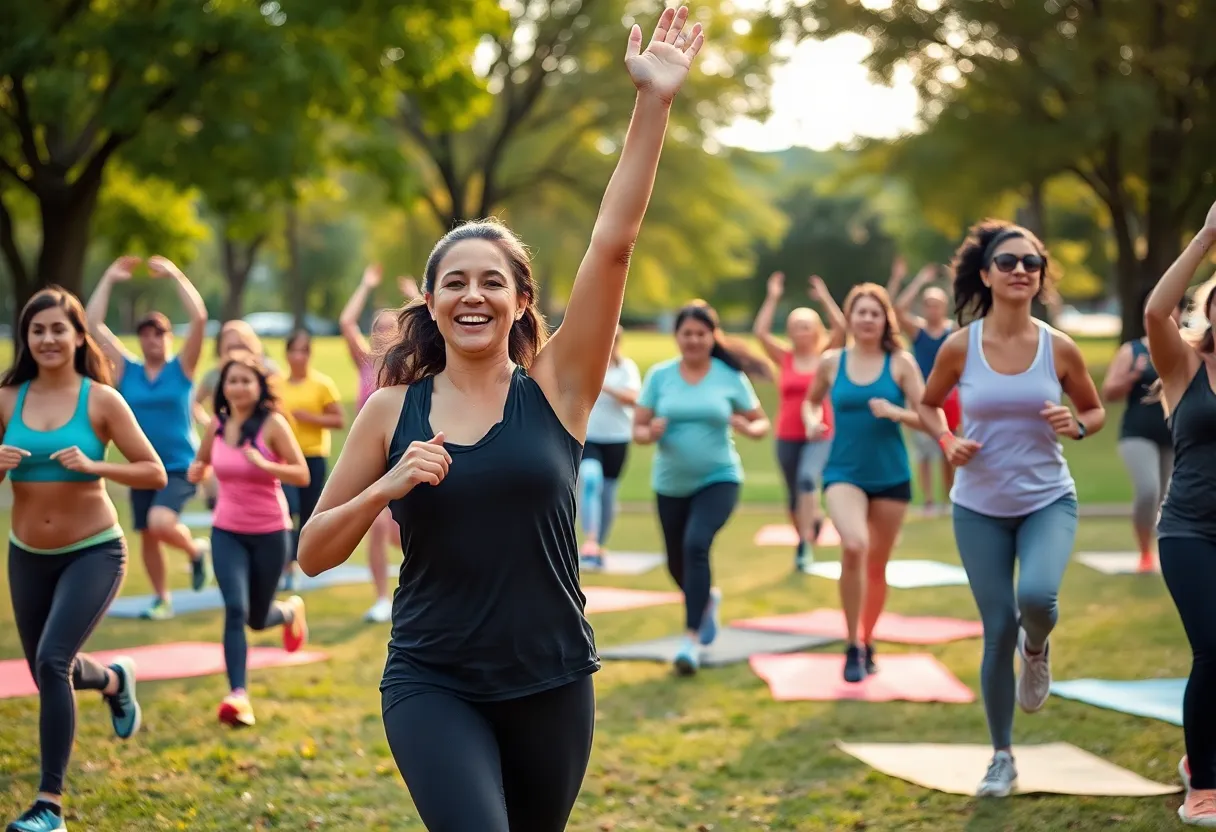 A diverse group of people engaging in fitness activities in a park in Pflugerville.