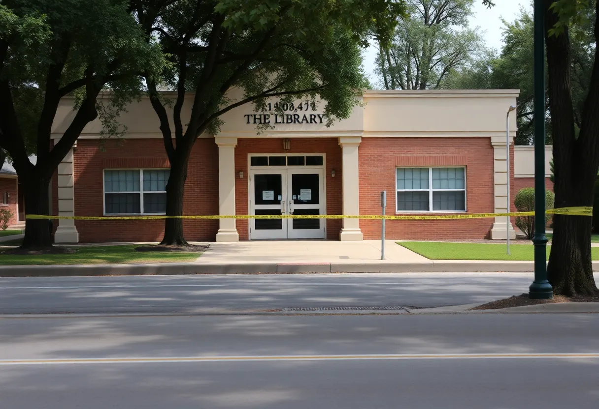 Entrance of Pflugerville Public Library closed with caution tape