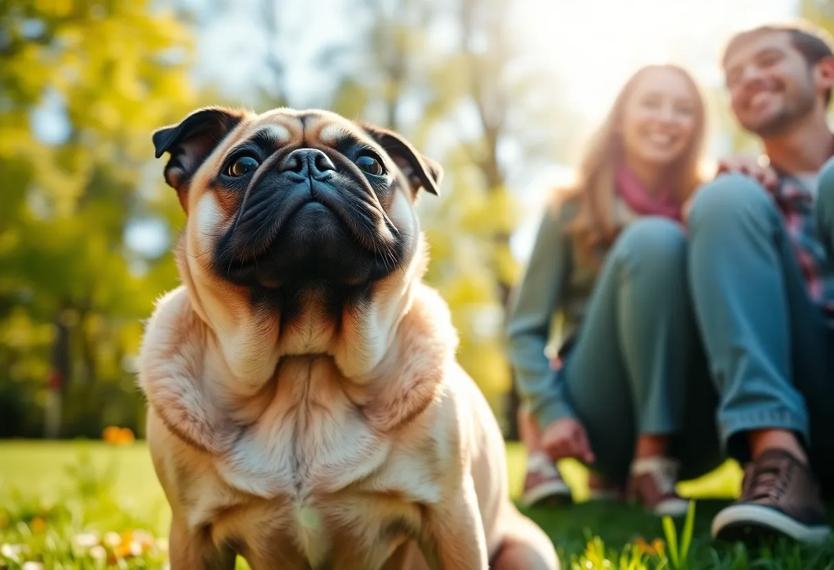 A cheerful pug in a park