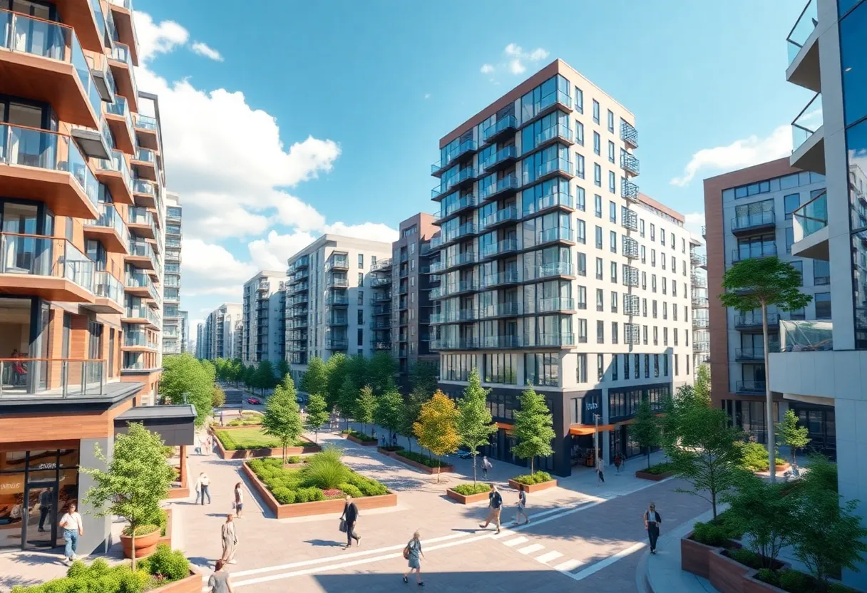 Conceptual rendering of Round Rock's mixed-use development featuring apartments, offices, and retail spaces.