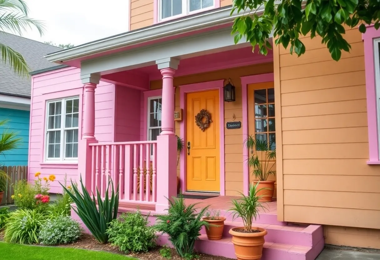 A colorful exterior view of the Skittles House in East Austin, highlighting its vibrant paint and artistic design.