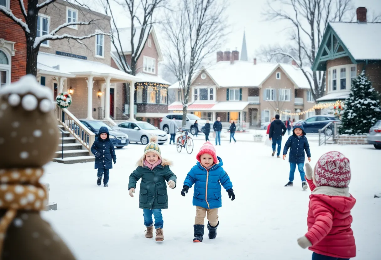 Children playing in the snow in Georgetown, TX