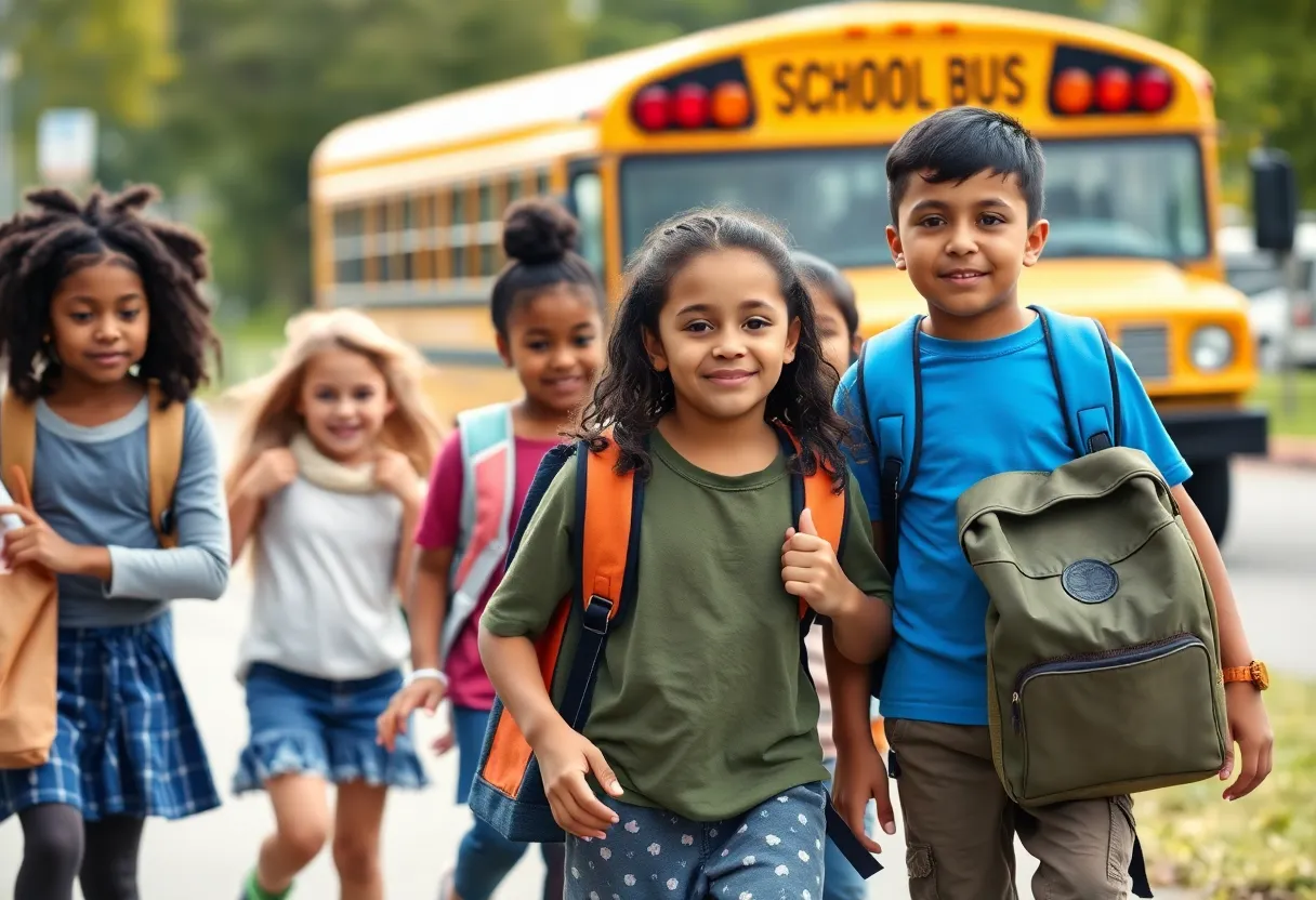 Diverse children walking to school with a school bus in the background