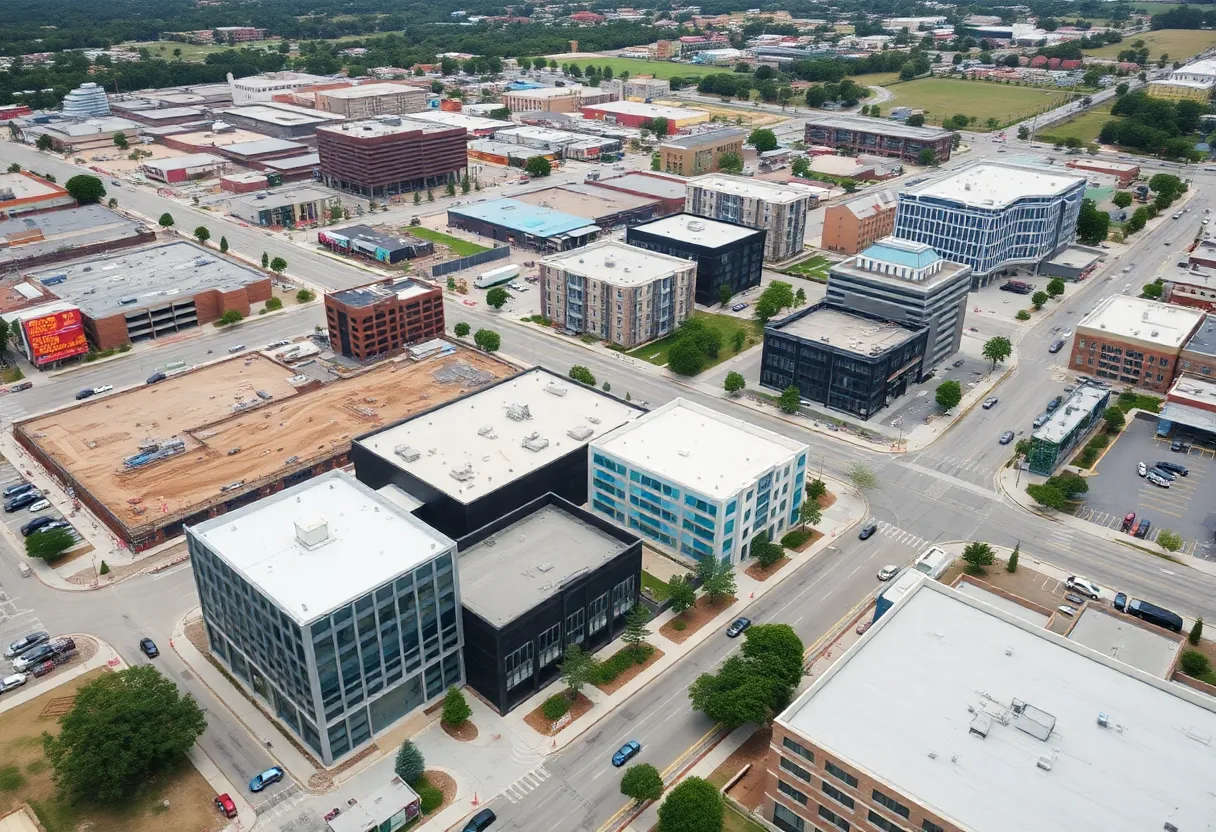 Aerial view of Taylor, Texas with construction sites and downtown area.