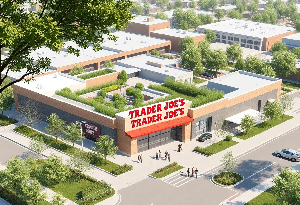 Rendering of Trader Joe's store and mixed-use development.