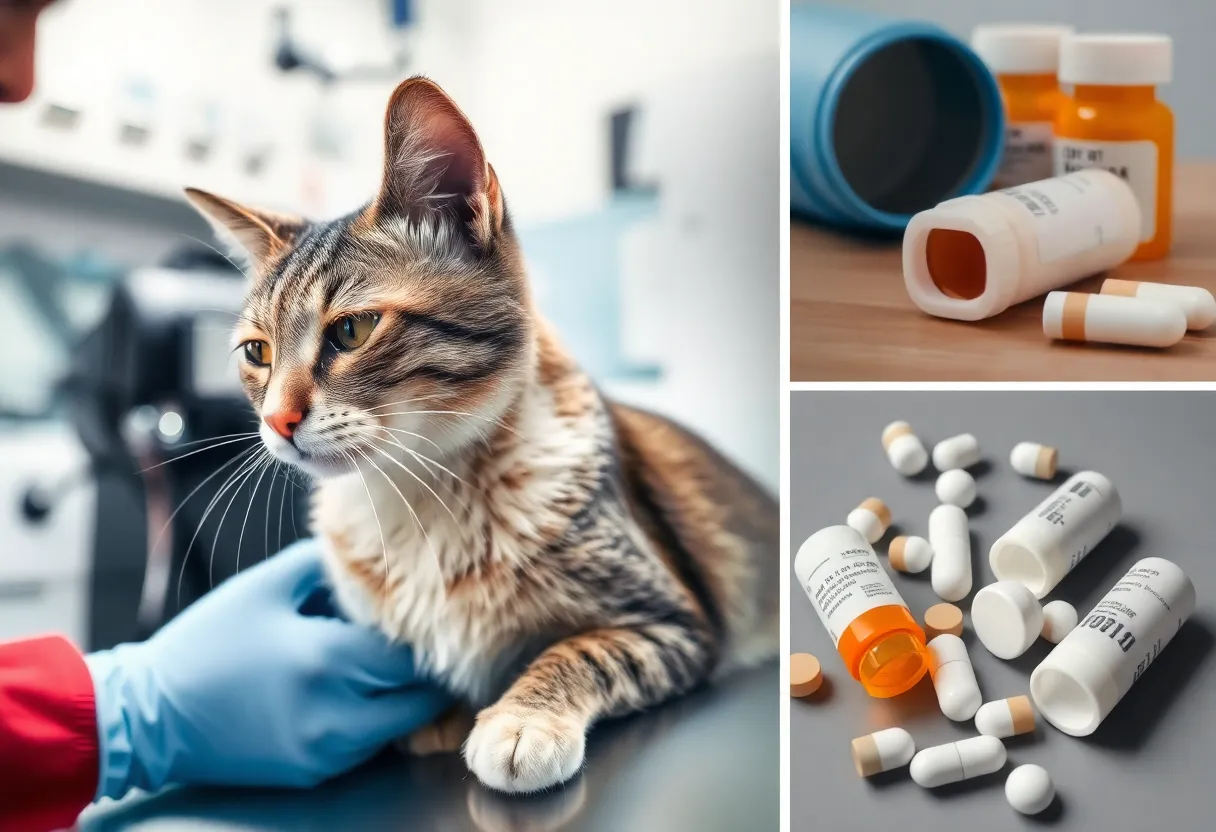 Collage depicting a cat in a vet clinic and unmarked drug packages