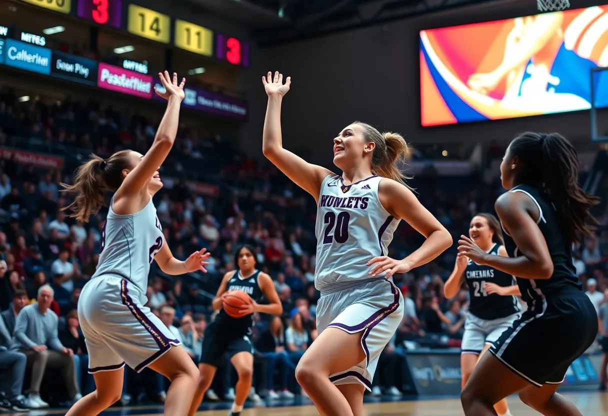 Women’s basketball teams competing during a thrilling game.