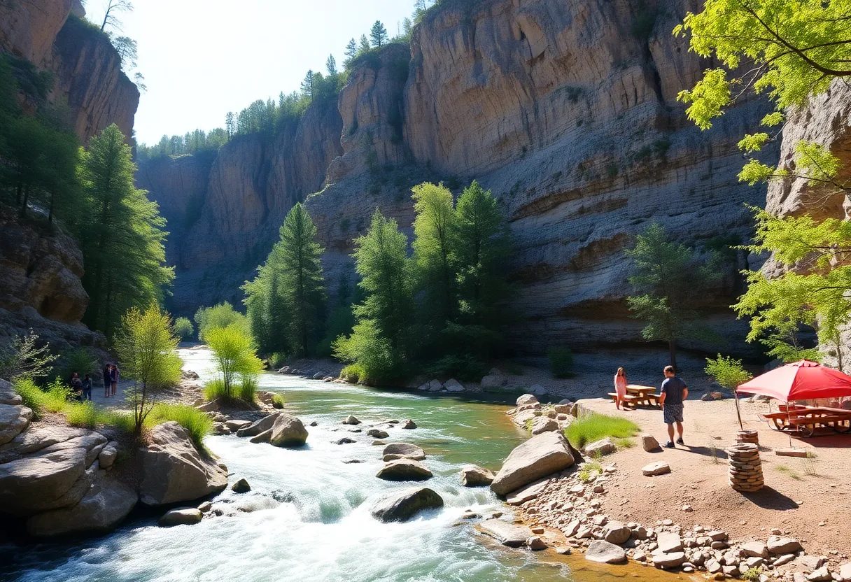 A beautiful view of Blue Hole Park in Georgetown with rushing waters and recreational areas.