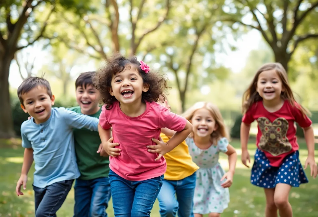 Group of children playing in a park, representing foster care adoption.