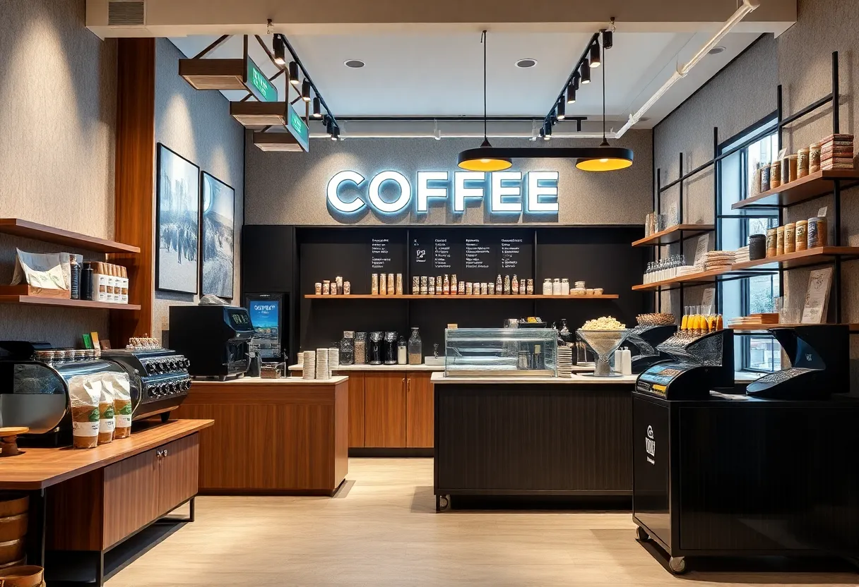 Interior view of Coach Coffee Shop showcasing coffee drinks and merchandise
