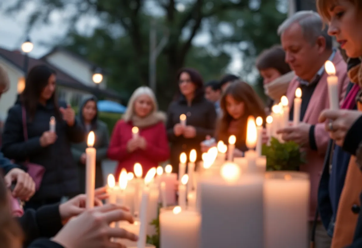 Community members lighting candles in remembrance of the family lost in the Leander crash.