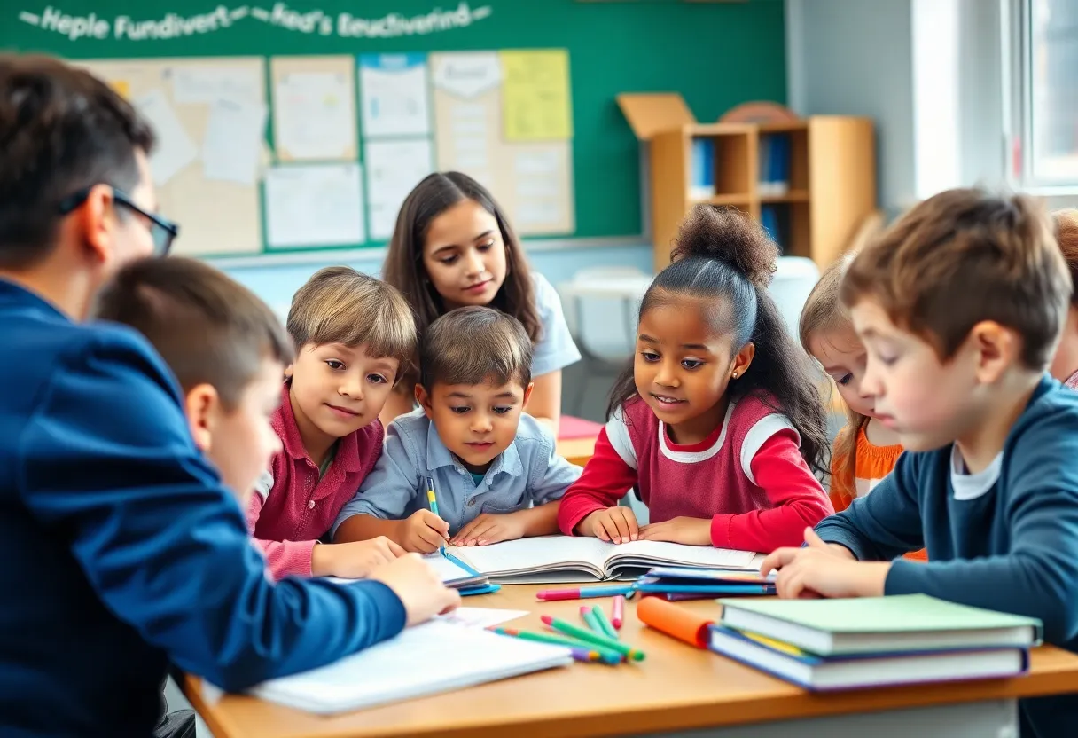 Group of diverse students studying together in a classroom