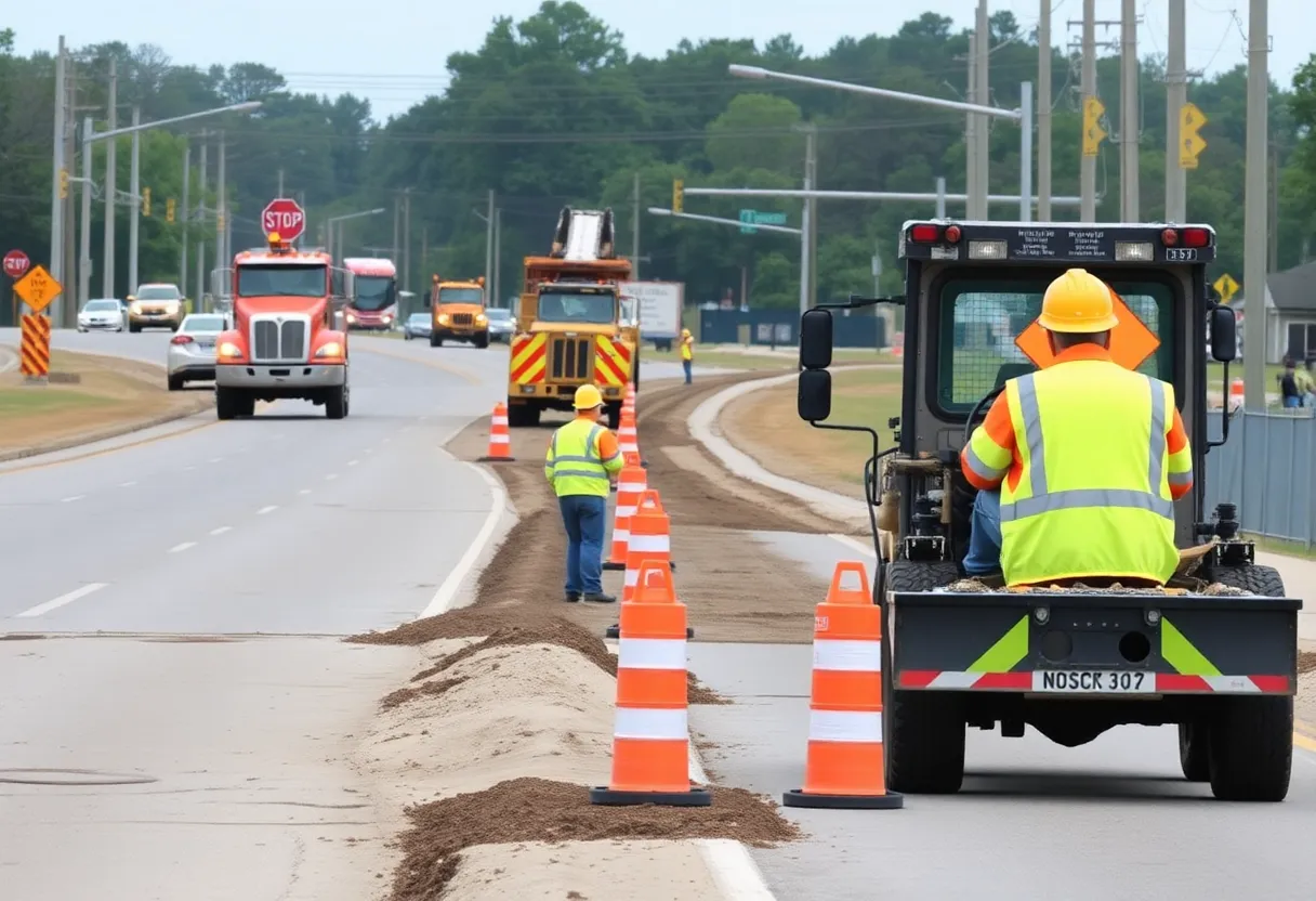 Construction workers and machinery on Gattis School Road during the widening project