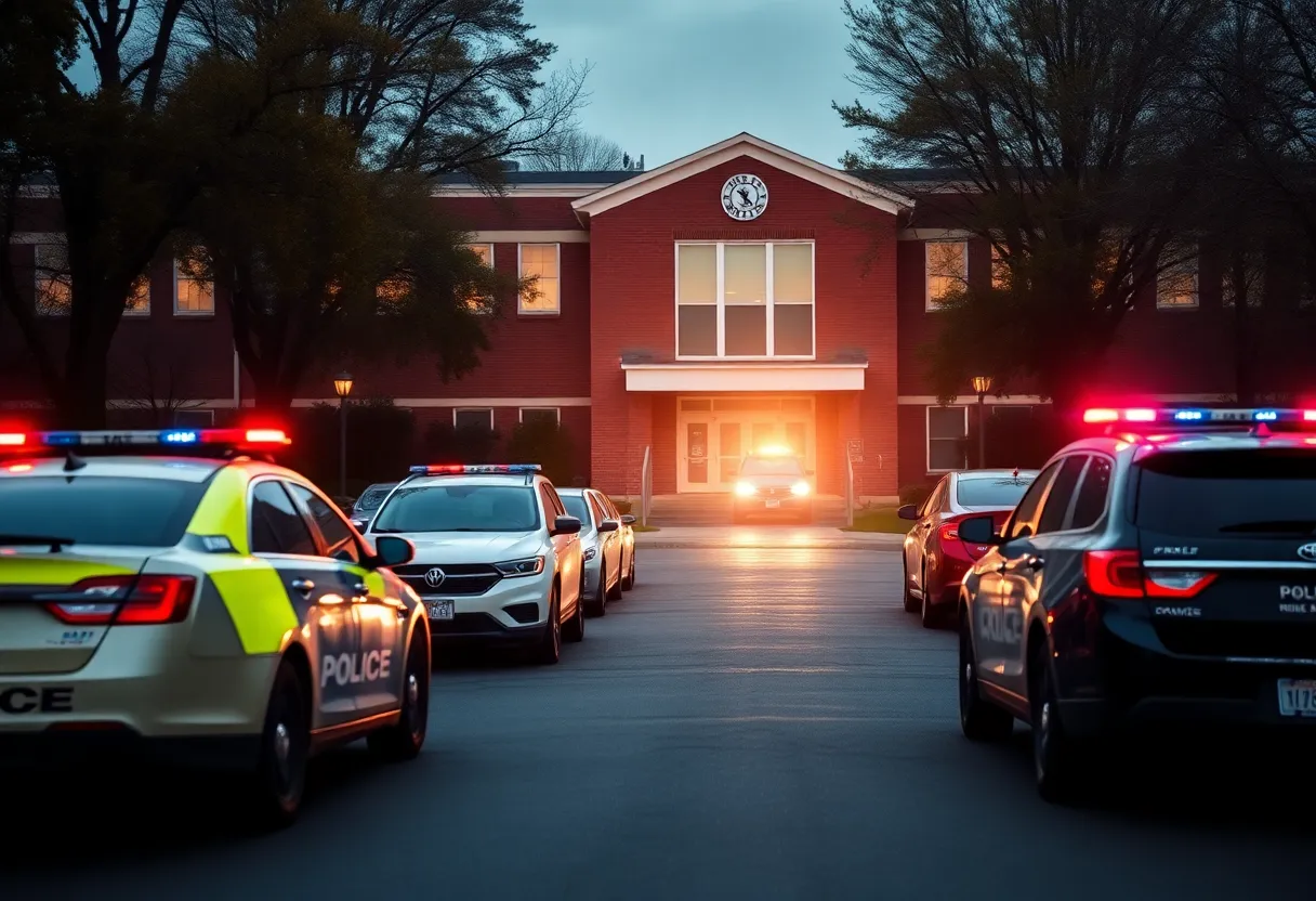 Police cars outside Georgetown High School during bomb threat incident