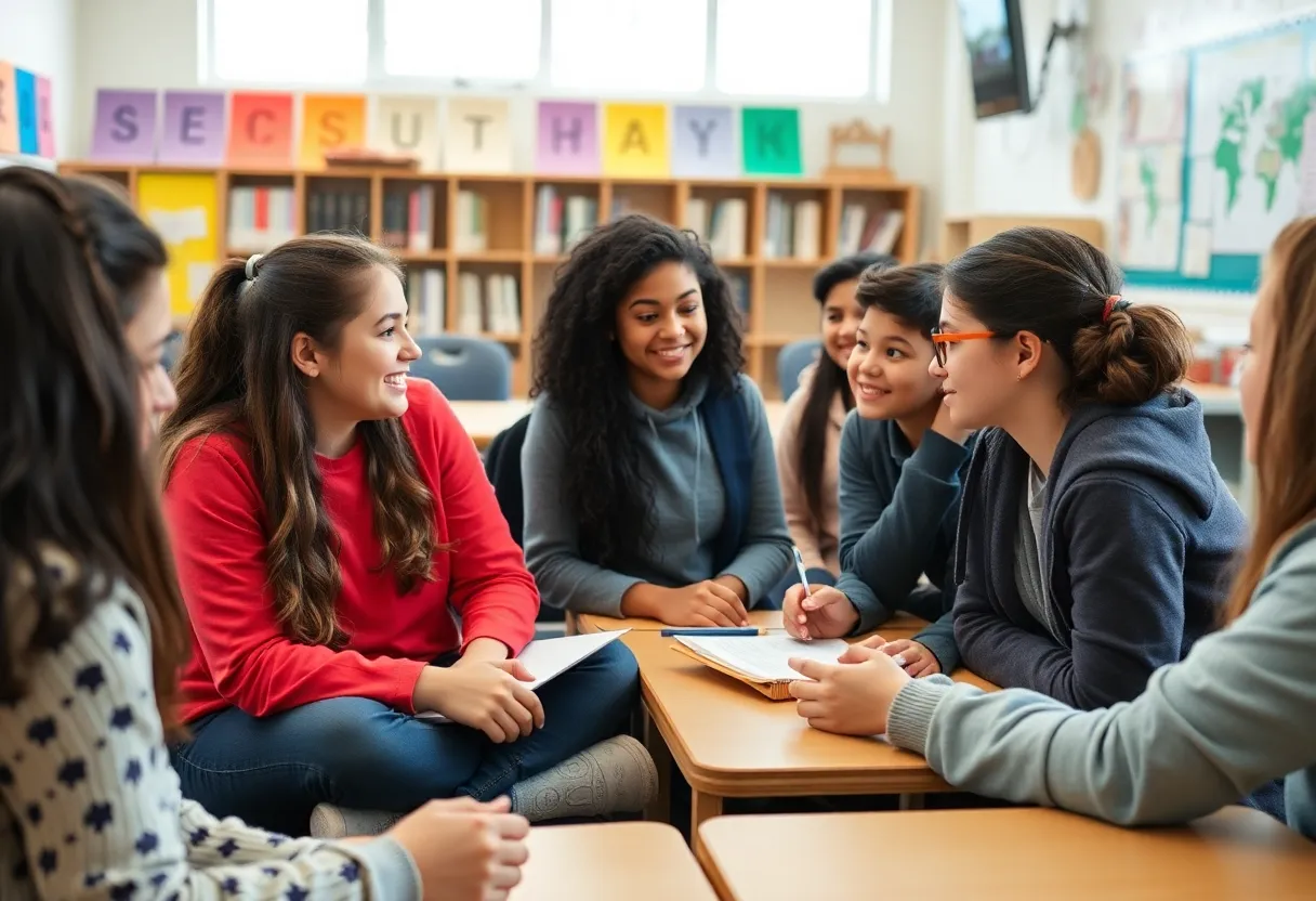 Students collaborating and discussing mental health topics in a school setting